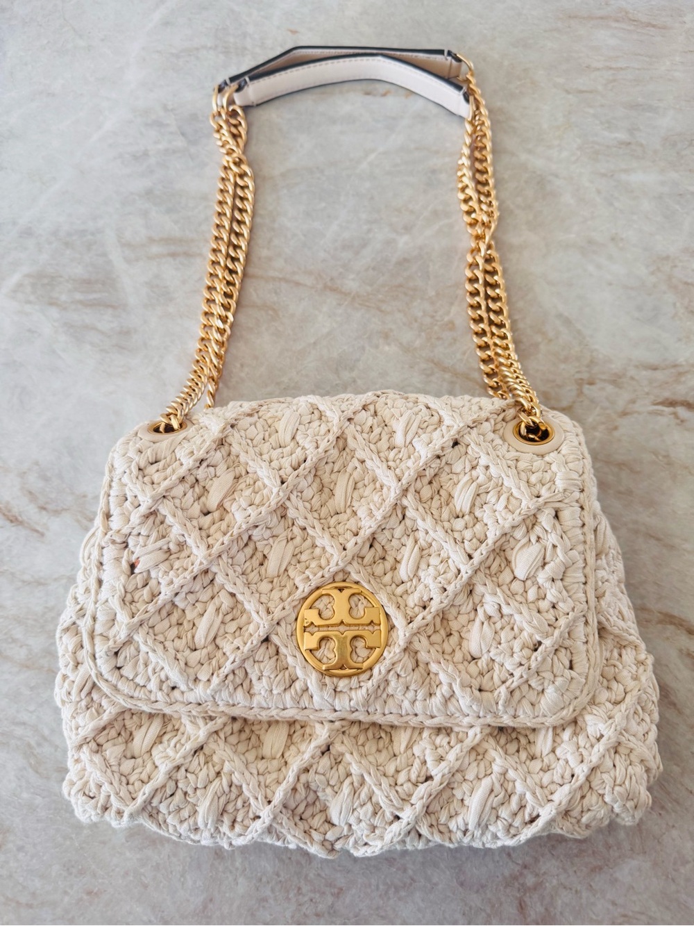 Tory Burch Cream Crochet Knit Chain Shoulder Bag Gold Logo Flap Handbag